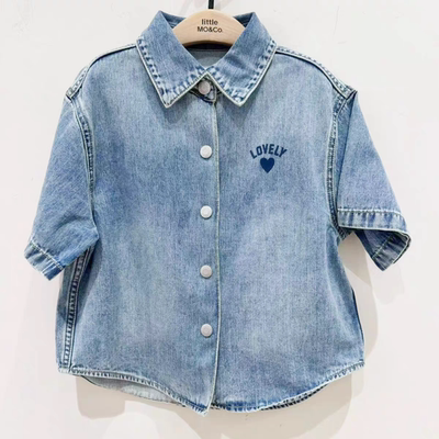 little moco童装2025夏季短袖衬衣男女童复古牛仔衬衫 KBE2SHT011