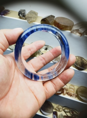 天然千层山蓝针幽灵蓝晶原石手镯圈口60.9条宽12.7重58.6克