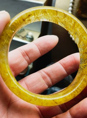 天然金发晶原石手工雕刻手镯条宽14.3圈口57重50.8克