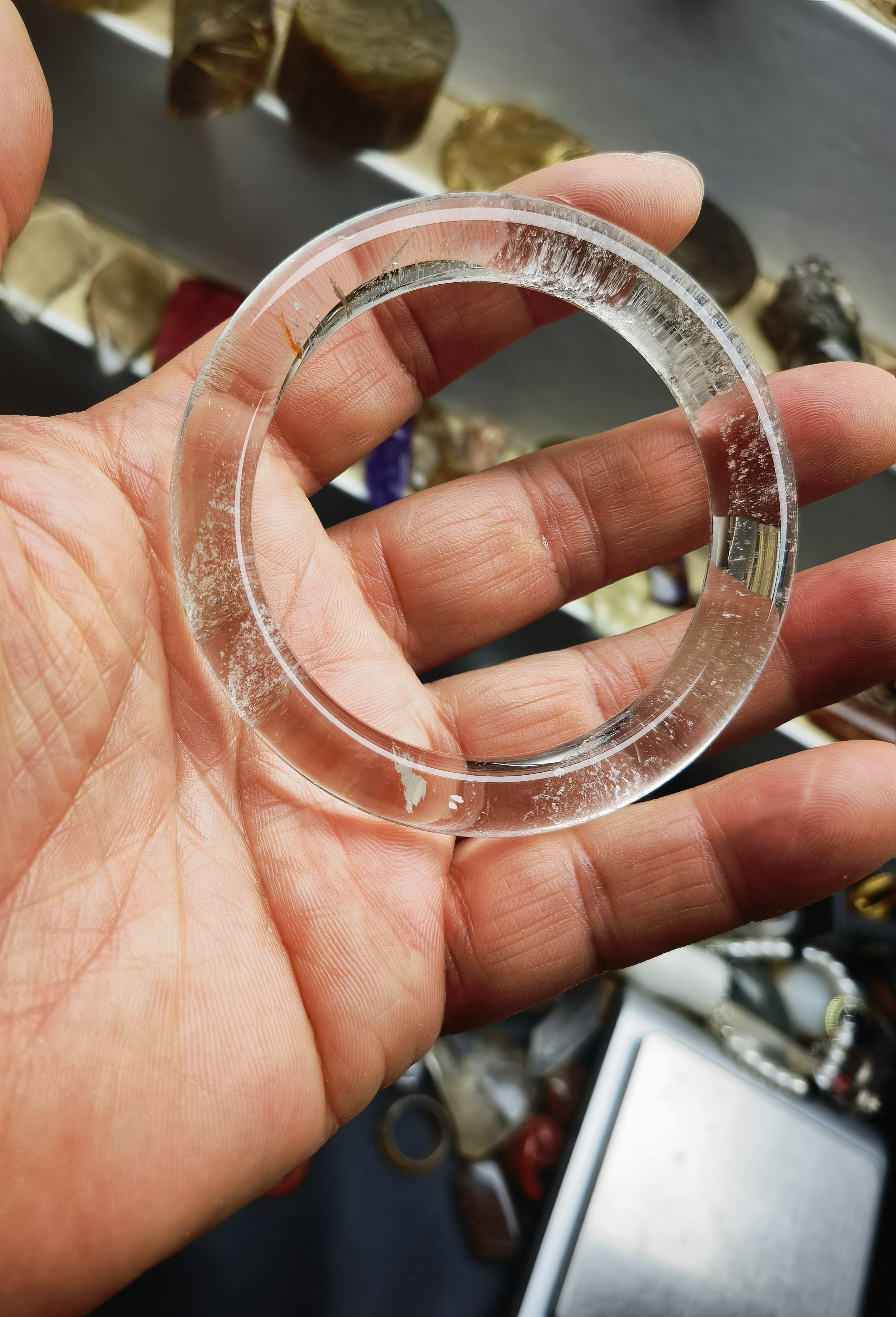 天然千层幽灵水晶原石雕刻手镯圈口55.4条宽10.2重42克一图一物
