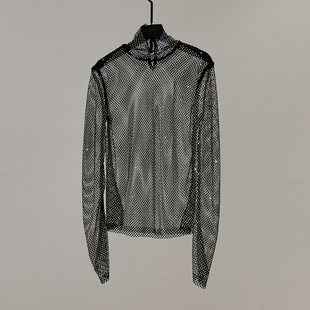 时尚雅妮欧洲站名媛风透视镂空网纱修身显瘦打底衫全水钻高领上衣