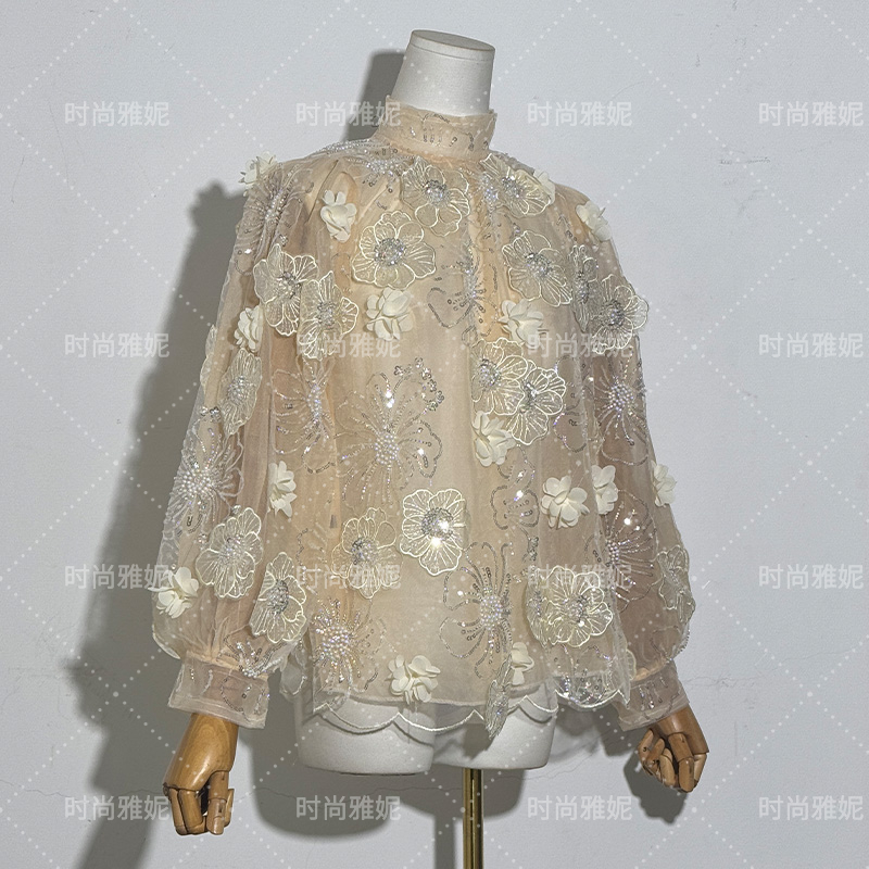 时尚雅妮修身显瘦钉珠亮片长袖雪纺花朵名媛潮小香风网纱高领上衣