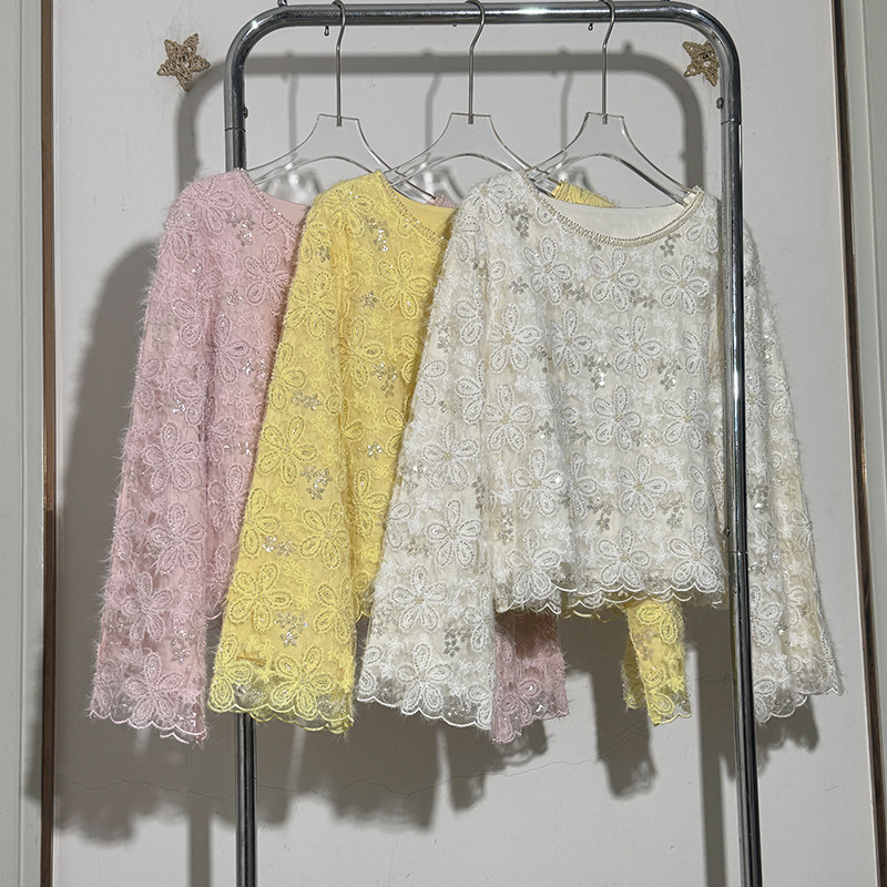 时尚雅妮欧美新款长袖花朵圆领舞台奢华潮毛绒钉珠亮片珍珠女上衣,女装/女士精品,蕾丝衫/雪纺衫,淘宝优惠券,粉丝福利购,淘宝优惠卷