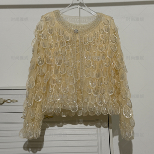 时尚雅妮蕾丝风亮片钉珠珍珠长袖短袖上衣背心半身连衣裙女网纱衫