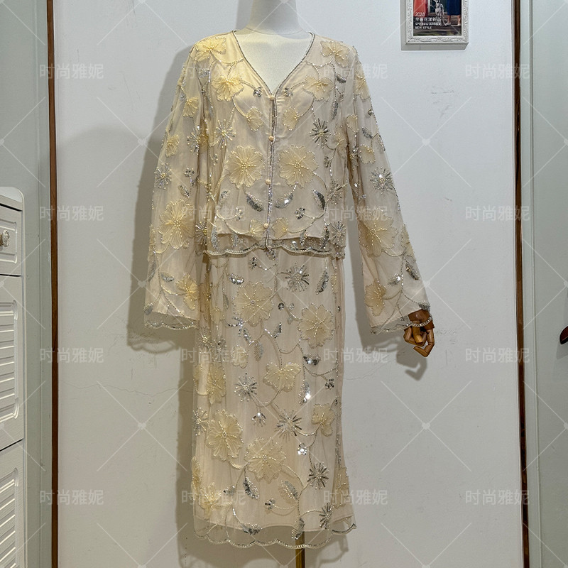 时尚雅妮小香风V领长袖上衣钉珠亮片法式中长款花朵蕾丝半身裙潮