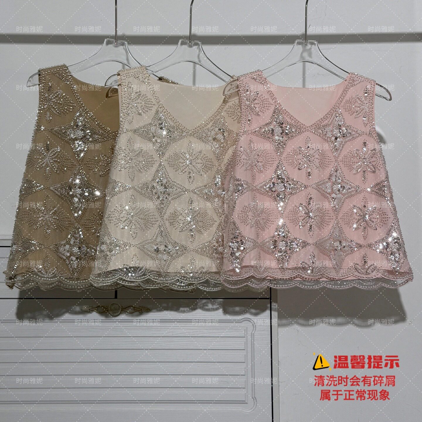 时尚雅妮重工亮片珍珠无袖背心女钉珠百搭花朵性感V领蕾丝潮上衣