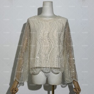 时尚雅妮浪漫蕾丝风长袖亮片衫女圆领钉珠设计感百搭网红潮流上衣