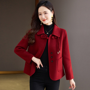 春秋冬季 双面呢羊绒大衣女2026新款 羊毛呢外套 中年妈妈装 红色短款