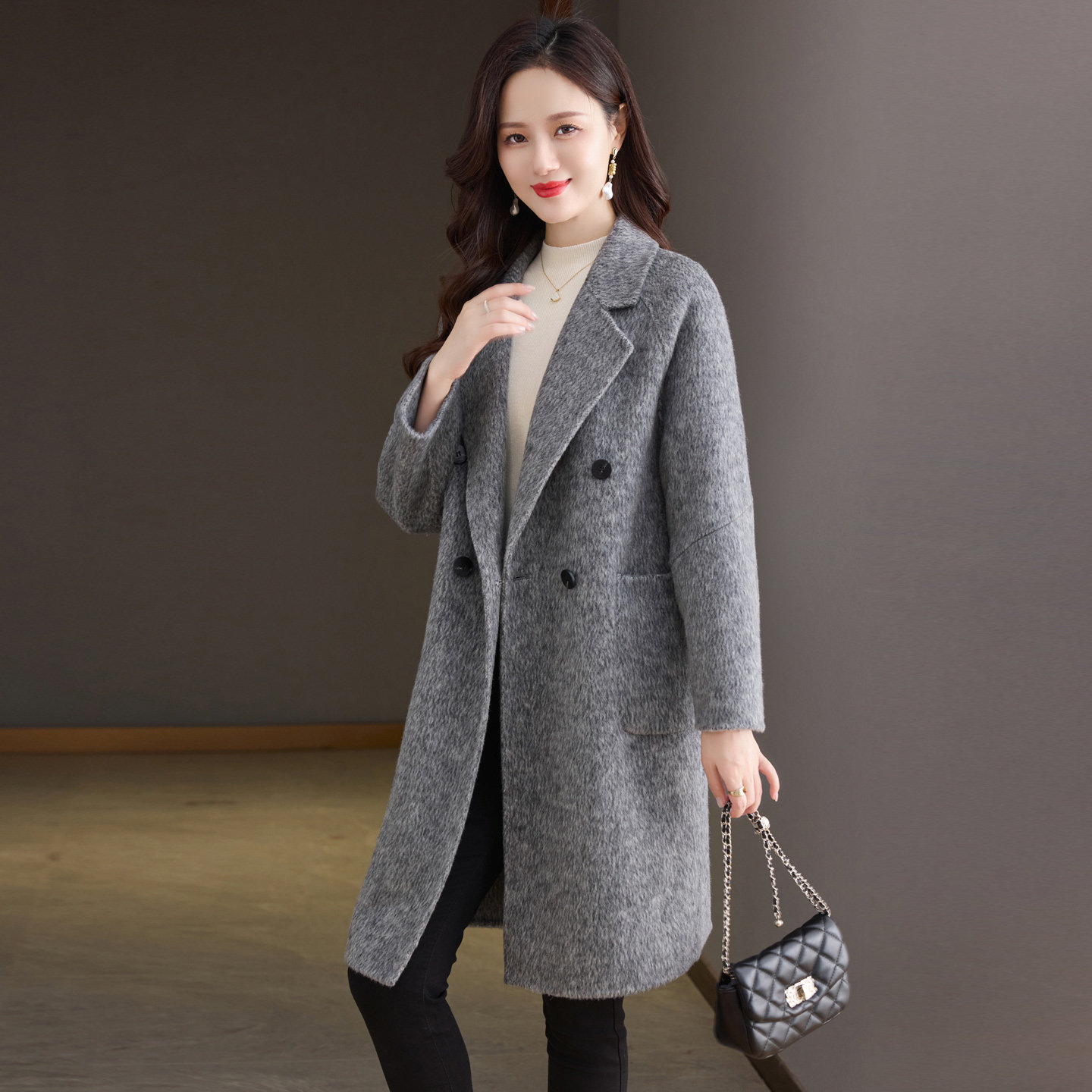 灰色宽松洋气双面呢羊绒大衣女2026新款秋冬季羊毛呢韩版西装外套