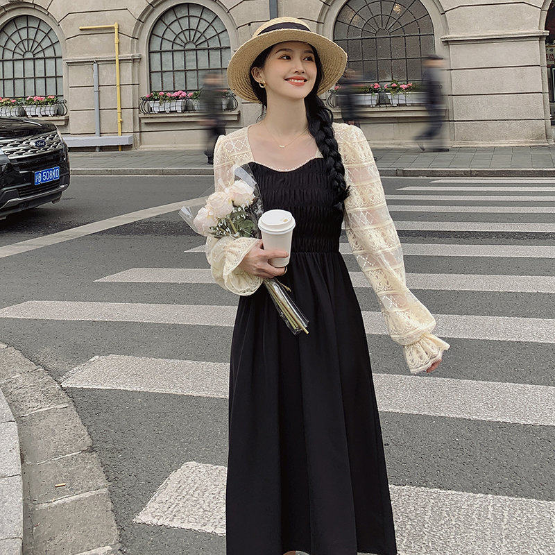 现货新款上市2023年春季优质精品疯狂促销珍珠蕾丝拼接长裙显瘦