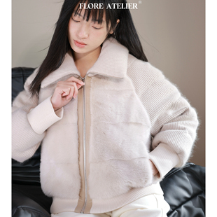 FLOREATELIER加厚炒细兔毛小母貂保暖外套贵气拼接短款鹅绒服