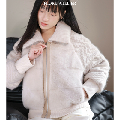 FLOREATELIER加厚炒细兔毛小母貂保暖外套贵气拼接短款鹅绒服