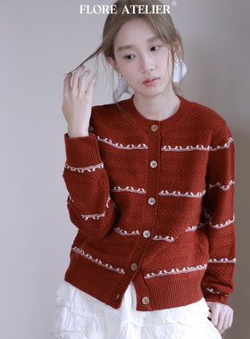 FLOREATELIER北欧复古提花圆领羊毛针织开衫宽松休闲气质外套女
