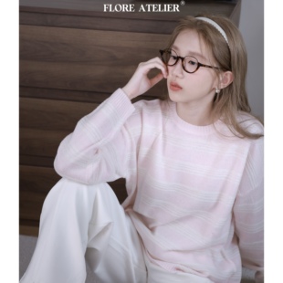 FLOREATELIER全羊毛•桃桃乌龙粉白条纹撞色条纹毛衣显瘦百搭上衣