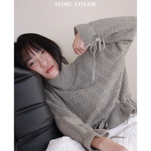 FLOREATELIER100山羊绒炒细麻花抽绳针织衫秋冬慵懒风高领上衣