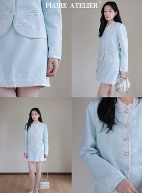FLOREATELIER法式重工刺绣微阔圆领小香风短款外套显瘦气质套装