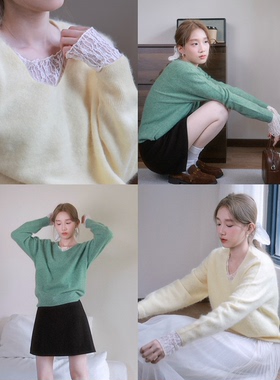 FLOREATELIER山羊绒羊毛温柔V领针织衫鹅黄色长袖显瘦百搭毛衣