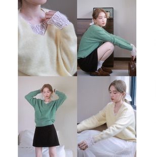 FLOREATELIER山羊绒羊毛温柔V领针织衫鹅黄色长袖显瘦百搭毛衣