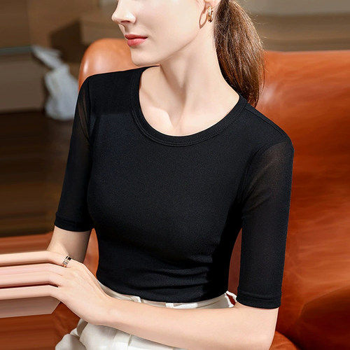 2026新款百搭网纱打底衫女春中袖
