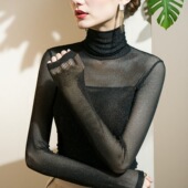 闪光丝半透明薄纱上衣秋装 薄款 女长袖 高领蕾丝网纱t恤亮丝打底衫