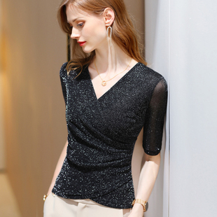 2025新款v领亮丝网纱打底衫中袖交叉领t恤女亮闪闪上衣沙体小衫秋