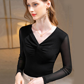 沙体t恤舞蹈服跳舞纱衣黑色薄纱上衣秋装 气质v领网纱打底衫 女长袖