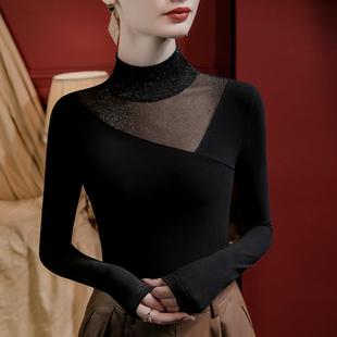 亮丝网纱拼接半高领打底衫女2025新款长袖t恤秋冬季洋气内搭上衣