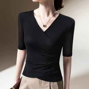 丹语秋装2025新款网纱t恤女中袖v领纱衣舞蹈服沙衣半袖交叉领上衣