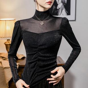 2025新款秋装亮丝网纱打底衫女高领洋气长袖t恤高级感亮闪闪上衣