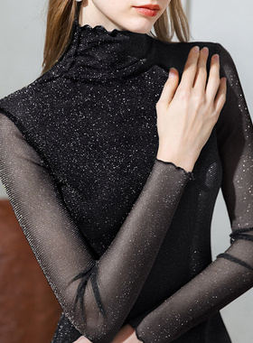 2025新款亮丝网纱打底衫女长袖加绒款沙体t恤高领亮闪闪上衣秋装