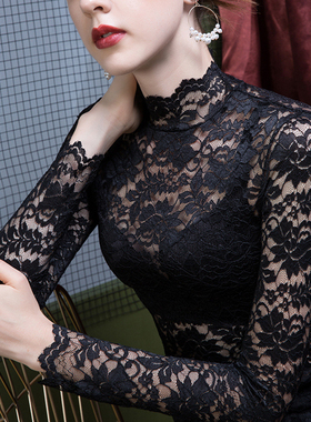 秋装2025新款半高领镂空薄款蕾丝打底衫女加绒t恤雷丝上衣高级感