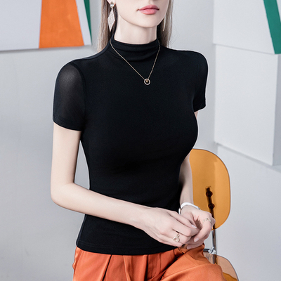 2025新款半高领网纱t恤女夏短袖