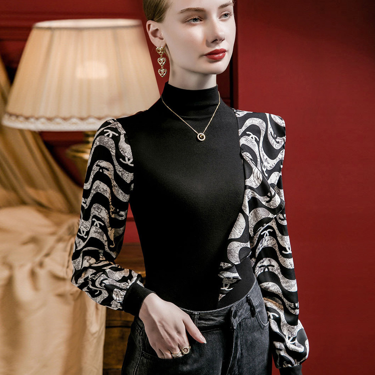 设计感印花雪纺荷叶边上衣女轻奢高级感洋气半高领长袖t恤可外穿,女装/女士精品,T恤,淘宝优惠券,粉丝福利购,淘宝优惠卷