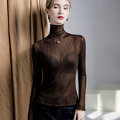 高领蕾丝打底衫 女长袖 内搭性感微透t恤网衫 薄款 黑色网纱上衣秋装