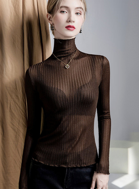 薄款高领蕾丝打底衫女长袖内搭性感微透t恤网衫黑色网纱上衣秋装