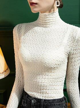 2025新款秋装高领薄款蕾丝打底衫女长袖内搭网纱t恤内搭雷丝上衣