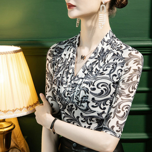 网纱半袖女t恤秋季复古中国风女装舞蹈服沙体中袖纱衣v领气质上衣