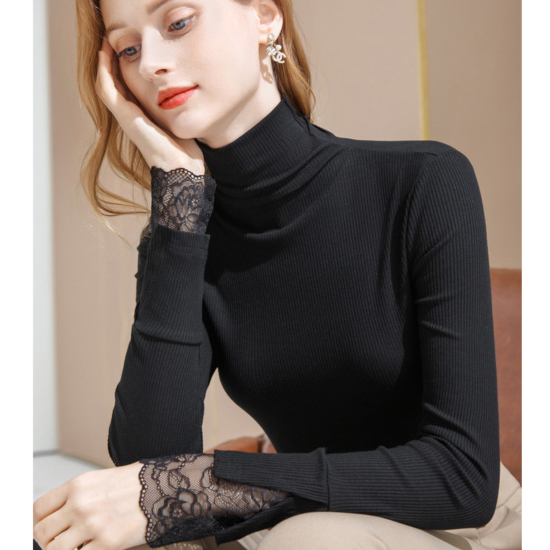 高领花边蕾丝袖口打底衫女秋长袖