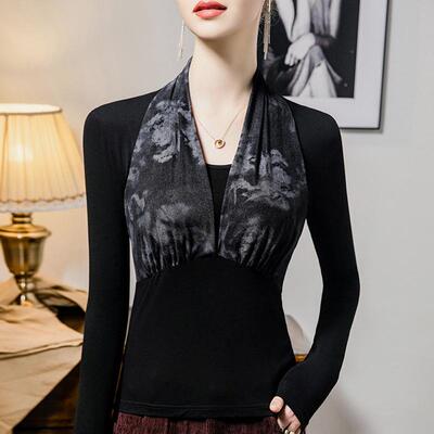 假两件印花网纱拼接上衣女秋长袖