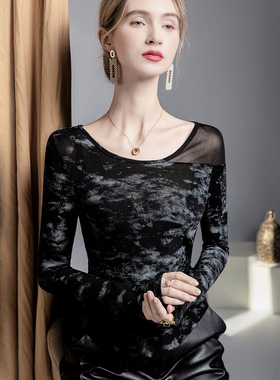 秋季2025新款印花网纱打底衫女长袖性感微透t恤黑色网衫上衣外穿