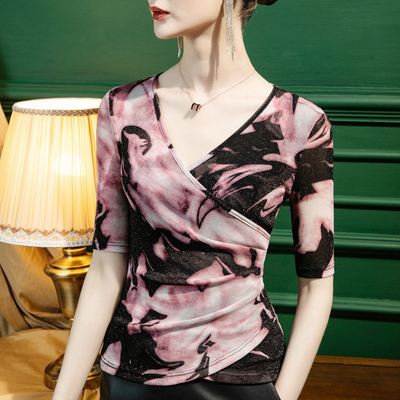新款交叉v领亮丝网纱t恤女秋中袖