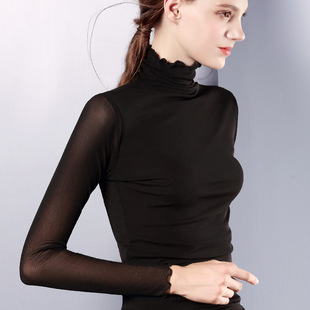 2025新款高领沙t打底衫黑色纱衣网纱t恤女长袖木耳边蕾丝上衣秋装