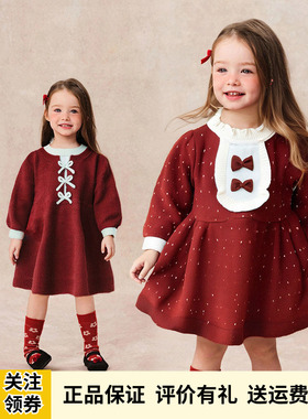 Amila女童大红色新年连衣裙2025冬装新款宝宝蝴蝶结针织毛衣裙子