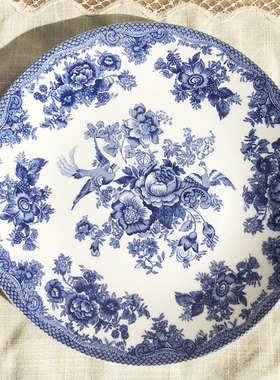 外贸出口英国J BS蓝色青花瓷百灵鸟复古牛排盘子装饰