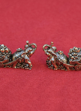 黄铜大象送宝大象拉车摆件大象拉元宝车元宝如意仙桃工艺品批发