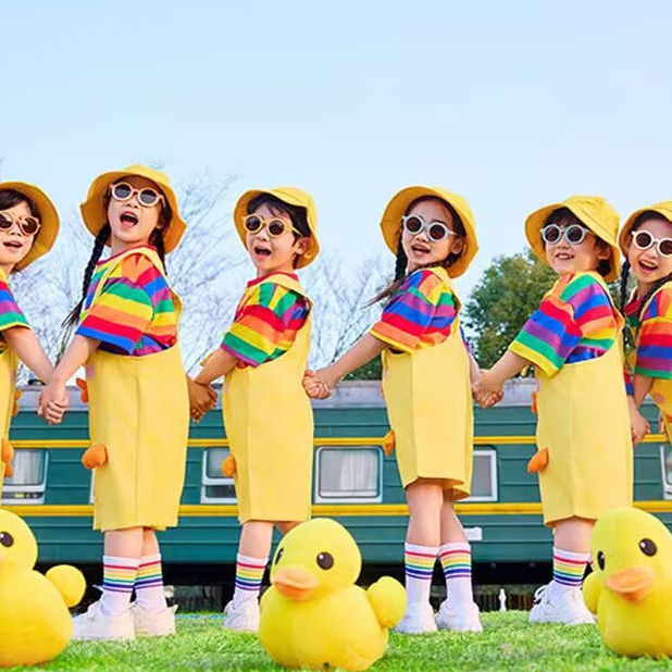 六一儿童演出服夏季彩色条纹短袖背带裤套可爱动物舞蹈服表演服
