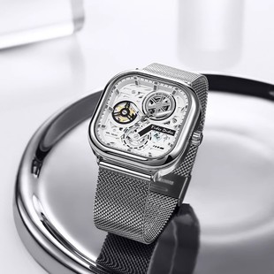 fidodido七喜小子手表男钢带方形机械风镂空潮流学生腕表新年送礼