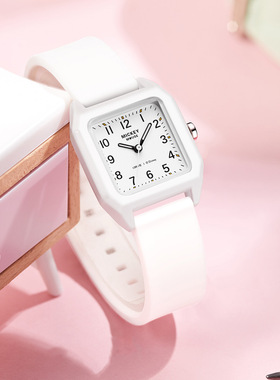 迪士尼手表女学生初高中小方表白色石英夜光简约可爱腕表考试专用