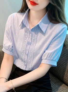夏装2026年新款女装时尚刺绣纯棉衬衫女洋气全棉衬衣蕾丝拼接上衣