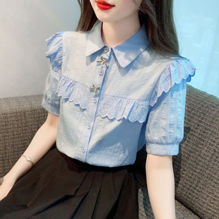 女洋气全棉设计感小众短袖 女士衬衣纯棉衬衫 蕾丝上衣 2025新款 夏装